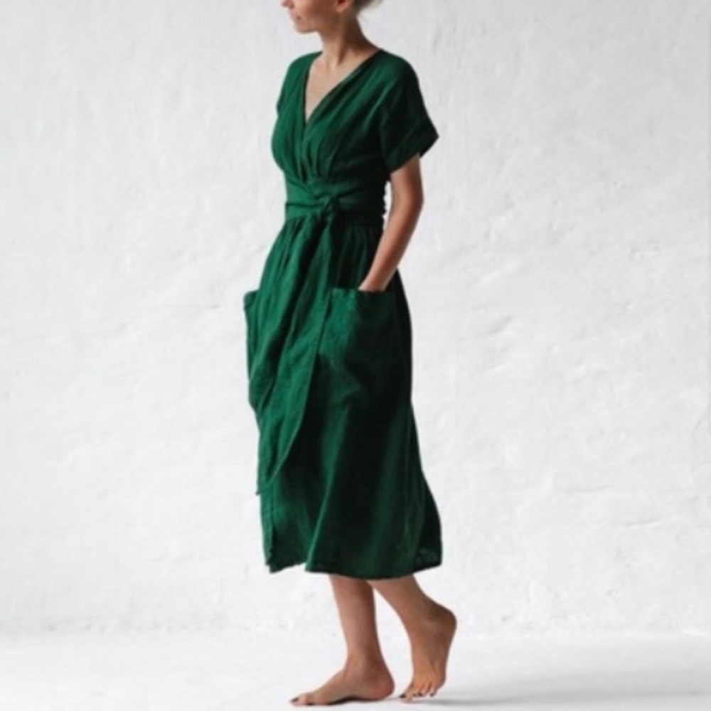 Seaside Tones Linen Kimono Dress Green Wrap Front Patched Pockets Size Small